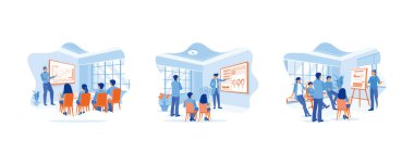 Brifing konsepti. İşadamı çalışanlara brifing veriyor. Sunum sırasında tartışın. Lider bir çizelge tahtasında sunum yapıyor. Düz vektör modern illüstrasyonunu ayarla