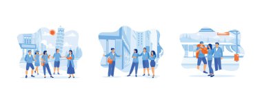 Turist rehberi konsepti. Pisa, İtalya 'yı gezmek, gün içinde. Tatil sezonunda bir turist gezisine çık. Haritaya bakarken tren istasyonunda toplanın. Düz vektör modern illüstrasyonunu ayarla