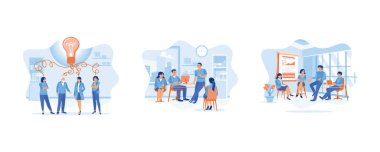 Brifing konsepti. Takım beyin fırtınası yapıyor. Toplantı liderinin açıklamasını dinle. Fikir alışverişi yapın ve mali istatistikleri tartışın. Düz vektör modern illüstrasyonunu ayarla