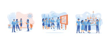 Turist rehberi konsepti. Kadın tur rehberi bir açıklama yaptı. Tur rehberinin açıklamasını dinle. Genç turistler turist gezisine gider. Düz vektör modern illüstrasyonunu ayarla