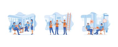 Bilgi kavramını tartışın. Fikir alışverişinde bulun ve tartışın. Mühendisler ve mimarlar iç inşaat sürecinde çalışıyorlar. Sandalyelerde oturan genç iş adamı ve bankacı. Düz vektör modern illüstrasyonunu ayarla