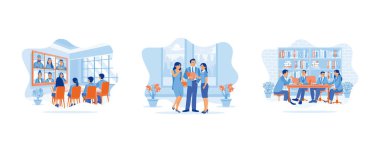 Bilgi kavramını tartışın. Küresel şirket çevrimiçi video konferansı. Ayakta duran bir grup genç iş adamı. Toplantılarda tartışırız. Düz vektör modern illüstrasyonunu ayarla