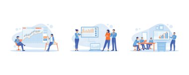 Büyüme Analizi konsepti. Finansal planlar ve yönetim yap. Kadın operasyonlar müdürü iş arkadaşlarıyla toplantı yapıyor. Şirketin operasyon müdürü bir sunum yapıyor. Düz vektör modern illüstrasyonunu ayarla