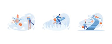 Kariyer geliştirme konsepti. Teleskop kullanarak merdivenlerde dikiliyorum. Roket jetli bir iş adamı. Merdivenler boyunca iş fikirleri. Düz vektör modern illüstrasyonunu ayarla