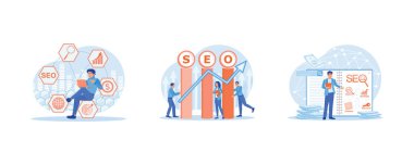 İkinci konsept. İnternet sitesi trafik sıralaması pazarlama. SEO Arama Motoru optimizasyonu. SEO optimizasyon şemasını not al. Düz vektör modern illüstrasyonunu ayarla