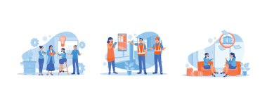 Bilgi kavramını tartışın. Toplantı odasında iş ekibi toplantısı var. Mühendisler ve mimarlar evin içini yeniliyorlar. Ofiste sorunları çözmeyi tartışırız. Düz vektör modern illüstrasyonunu ayarla