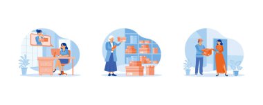 Doğrulama Emri. Genç kadınlar internetten bilgisayar alıp müşteri adreslerine göndermeden önce siparişleri kontrol ederler. Kurye sipariş kutusunu müşterinin adresine teslim eder. Düz vektör modern illüstrasyonunu ayarla