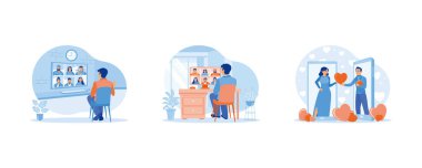 Sanal İlişkiler konsepti. İş adamlarının iş arkadaşlarıyla çevrimiçi bir araya geldiği ev kavramından çalışma. Dostum, cep telefonu ekranında bir bayan arkadaşınla konuşuyorsun. Düz vektör modern illüstrasyonunu ayarla.