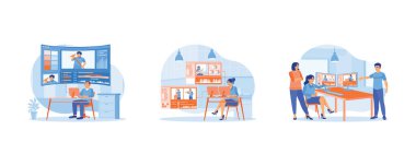 Video düzenleyici konsepti. Rahat bir ofiste çalışan bir video editörü, bir müzisyenin kaydını düzenleyen ve ofisteki bir film kaydında birlikte çalışan. Düz vektör illüstrasyonu.