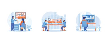 Video düzenleyici konsepti. Belgesel video renk düzeltmesi ile videoları düzenle. Yaratıcı insanlar dijital multimedya şirketlerinde çalışıyor. Yazılım kullanarak astronot videoları düzenlemek. Düz vektör illüstrasyonu.