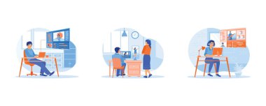 Video düzenleyici konsepti. Film post-prodüksiyon. İki ekranlı bir bilgisayar kullanarak video kayıtlarını düzenlemek. Kadın video editörü kulaklık kullanıyor. Düz vektör illüstrasyonu.