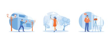 İçerik Yaratıcı konsepti. Vlogger şehir sokaklarında yürüyor. Vlog kaydedicisi yürürken kaydediyor. Genç bir adam tripoda monte edilmiş bir cep telefonunun önünde duruyor. Düz vektör illüstrasyonu.