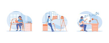 İçerik Yaratıcı konsepti. Kadın içerik yaratıcısı stüdyoda bir podcast sunuyor. İzleyicileri kanalı sevmeye ve abone olmaya cezp et. Bir bilgisayarla film görüntülerini düzenliyorlar. Düz vektör illüstrasyonu.