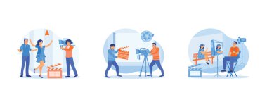 Film yapım konsepti. İçerde film çekme süreci. Stüdyoda çekim sahnesinin arkasında. Film yönetmeni monitör ekranının önünde oturur. Düz vektör illüstrasyonu.