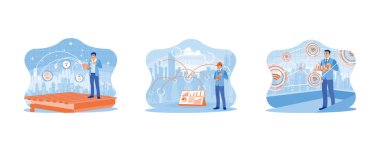 Akıllı şehir konseptinde telekomünikasyon ve internet. Akıllı bir şehre bağlı telekomünikasyon ağına sahip bir laptop. Bir iş ağıyla dijital tablet kullanıyorum ve modern yaratıcı ağlar ve internet ağları kullanıyorum. Düz vektör modunu ayarla