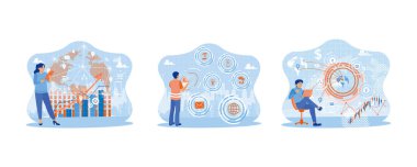 Yaratıcı iletişim konsepti. Elinde dijital tablet tutan bir kadın var. Girişimciler telekomünikasyon ve internet ağları kullanıyorlar. Küresel başarı için fikirler ve konsept planlar seçmek. Düz vektör modern illüstrasyonunu ayarla