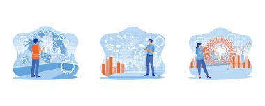 Yüksek teknoloji ve iletişim kavramı. Yüksek teknoloji ve iletişim. Yenilik ağı, dijital pazarlama. Teknoloji ve bankacılık. düz vektör modern illüstrasyon