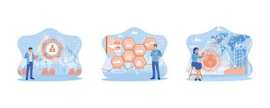 Teknoloji ve finans kavramı. İşadamı dizüstü bilgisayar ve borsa yatırımı kullanıyor. Soyut dijital iş hologramıyla dijital tablet. Dijital tablet kullanan bir iş kadını. düz vektör modern illüstrasyon