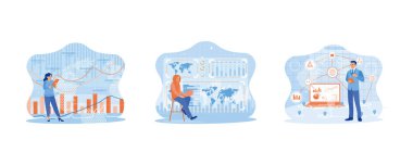 Teknoloji ve finans kavramı. Forx grafikli dijital tablet kullanan genç bir kadın. Hacker, üzerinde harita olan parlak mavi bir iş haritası kullanıyor. Dijital teknoloji tableti kullanan bir iş adamı. düz vektör modern illüstrasyon