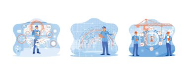 Forx grafik hologramı olan konsept teknolojisi. Girişimciler dijital olarak iş yenilikleri yaratırlar. Dijital iş hologramları olan dizüstü bilgisayarlar kullanıyorlar. Girişimciler dijital vinçlerle yenilikler yaparlar. düz vektör modern illüstrasyon