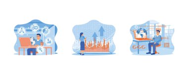 Forx grafik hologramı olan konsept teknolojisi. Dijital yazılım teknolojisinin geliştirilmesi. İşadamı yukarı ok ve iş grafiğiyle tablet kullanıyor. Sanal ekranda haritaları ve fütüristik dünya haritası olan bir iş adamı. düz vektör modern illüstrati