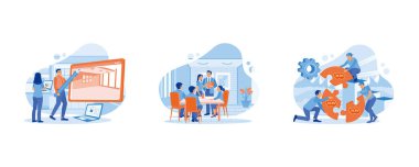 Çalışan Yapım konsepti. İç tasarımı iki çalışan yarattı. İş arkadaşlarının toplantısı var. Takım çalışması ve motivasyon. Düz vektör modern illüstrasyonunu ayarla