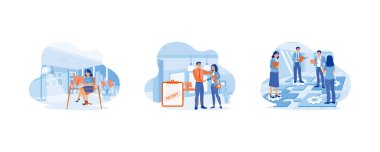 Çalışan Yapım konsepti. Kadın müşteriyle konuşuyor. Röportajı geçenleri tebrik ederim. Çalışanlar tartışır. Düz vektör modern illüstrasyonunu ayarla