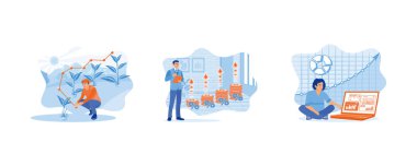 Büyüme Analizi konsepti. Bahçeye tohum ekiyorum. İşadamı uzun vadeli yatırım yapmayı planlıyor. İş büyümesini analiz et. Düz vektör modern illüstrasyonunu ayarla