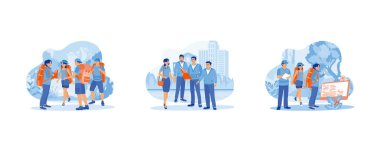 Turist rehberi konsepti. Gezgin bir yolunu bulmaya çalışıyor. Bir grup arkadaş şehri keşfediyor. Orman yolunda ilerliyorlardı. Düz vektör modern illüstrasyonunu ayarla