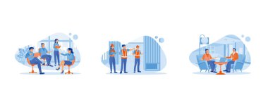 Bilgi kavramını tartışın. İş adamı takım işbirliği süreci. Mühendis ve mimar çalışma planları. Bankacılar tavsiyelerde bulunur ve danışmanlık yaparlar. Düz vektör modern illüstrasyonunu ayarla