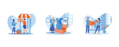 Kadınlar evlerinden online alışveriş yapıyorlar. Küçük işletme sahibi bir cihaz kullanarak paketlerin içindeki ürünlerin fotoğraflarını çekiyor. Bir kurye, müşterinin adresine bir paket teslim eder. Düz vektör resimlemesini ayarla