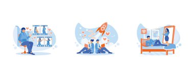 Online flört konsepti. Yerde oturan genç bir çift uçan roket hologramı ile birbirlerine dizüstü bilgisayarla aşk mesajları yolluyorlar. Adam akıllı telefon kullanarak yatakta yatıyor. Düz vektör modern illüstrasyonunu ayarla