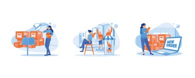 İş kadını bir müşteriden telefon alır. Doğrulama emri. Müşteri siparişini ve adresini onaylayan kadın. Düz vektör resimlemesini ayarla.