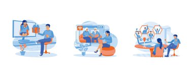 Sanal İlişkiler konsepti. Güzel bir kız köydeki yaşlı bir adamla görüntülü görüşme yapıyor. Genç bir çift, internet üzerinden bir akşam partisini kutluyor ve birbirleriyle kadeh tokuşturuyorlar. Düz vektör modern illüstrasyonunu ayarla