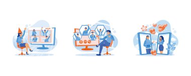 Arkadaşlar ve aileyle video konferansı. Erkekler evde arkadaşları ve aileleriyle çevrimiçi toplantılar yapar. Çift akıllı telefonla video görüşmesi yapıyor. Düz vektör resimlemesini ayarla.