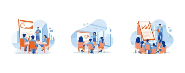 Brifing konsepti. Çalışanlar liderin açıklamasını dinler. Çeşitli etnik gruplar fikir alışverişinde bulunuyor. Tersine çevirme grafiğinde proje sunumu. Düz vektör modern illüstrasyonunu ayarla