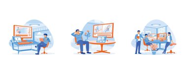 Video düzenleyici konsepti. Yaratıcı ofis dairesinde çalışan erkek video editörü. Özel yazılım kullanarak görüntü kalitesini geliştir. Düz vektör resimlemesini ayarla