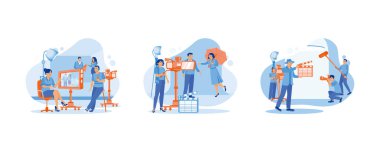 Film yapım konsepti. Film modelinin monitör ekranından hareket ettiğini tespit ediyorum. İki model içeride çekim yapıyor. Düz vektör resimlemesini ayarla.