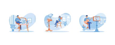 İçerik Yaratıcı konsepti. Kadın bir vlogger profesyonel bir kamera kullanarak evde video kaydediyor. Genç adam gitar çalarken içerik yaratır. Düz vektör resimlemesini ayarla.