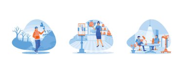 Erkek vlogger ormanda seyahat eder. Genç bir kadın mutfakta doğum günü pastası yapıyor. İçerik yaratıcıları sosyal medyada canlı yayınlanıyor. Düz vektör resimlemesini ayarla.