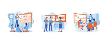 İş analizi. Gelir büyütme stratejilerini tartışın. Çalışanlarımız çalışıyor. Düz vektör resimlemesini ayarla.