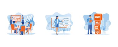 Büyüme verilerini analiz et. İş kadını modern bir ofiste sunum yapıyor. Mali kontrol sahneleri konsepti. Düz vektör resimlemesini ayarla.