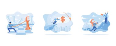 Adam satranç tahtasına pound para sembolü çiziyor. Yatırım dolandırıcılığı. Mali kontrol sahneleri. Düz vektör resimlemesini ayarla.