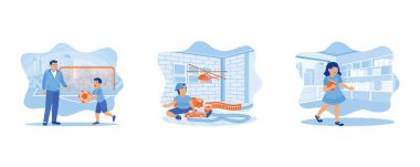 Çocuk konsepti. Babam hafta sonunu oğluyla oynayarak geçirdi. Çocuk yerde bir tren yolu yapıyor. Düz vektör resimlemesini ayarla.