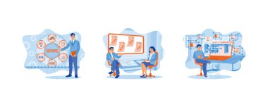 Genç bir işadamı elinde bir defter tutarken ayakta duruyor. İş adamları ve asistanlar sanal ekranın önünde otururlar. Cep telefonuyla dizüstü bilgisayarda yazan bir adam. Düz vektör resimlemesini ayarla.