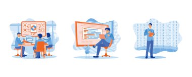 APP kavramı yok eder. Modern ofislerde çalışıyorlar. İkili değerler ve verilerle mobil uygulamalar geliştiriliyor. Düz vektör resimlemesini ayarla.