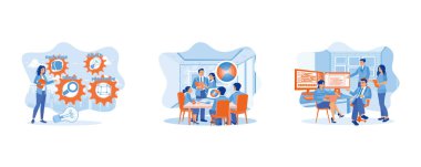 Yazılım geliştirmede tasarım düşüncesi. Bir grup tasarımcı toplantı odasında toplandı. Dizüstü bilgisayarda geliştirme yazılımı fikrini tartışıyor. Düz vektör resimlemesini ayarla.