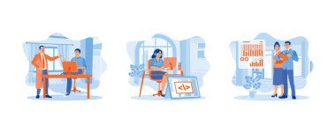 Yazılım geliştiricileri konsepti. Bilgisayarda yazılım geliştiriyorum. Toplantılar sırasında sanal ekranlarda grafikleri tartışmak. Düz vektör resimlemesini ayarla.