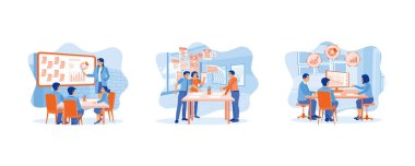 Ofisteki toplantıyı yöneten kadın yönetici. Modern ofiste mobil uygulama yazılımı geliştiriyorum. Bir grup iş adamı verileri .set düz çizim kullanarak analiz ediyor..