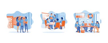 Takım çalışması toplantısı konsepti. Çeşitli meslektaşlar sunum odasında toplanıyor. Toplantı masasında iş ekibi toplantısı. Düz vektör resimlemesini ayarla.